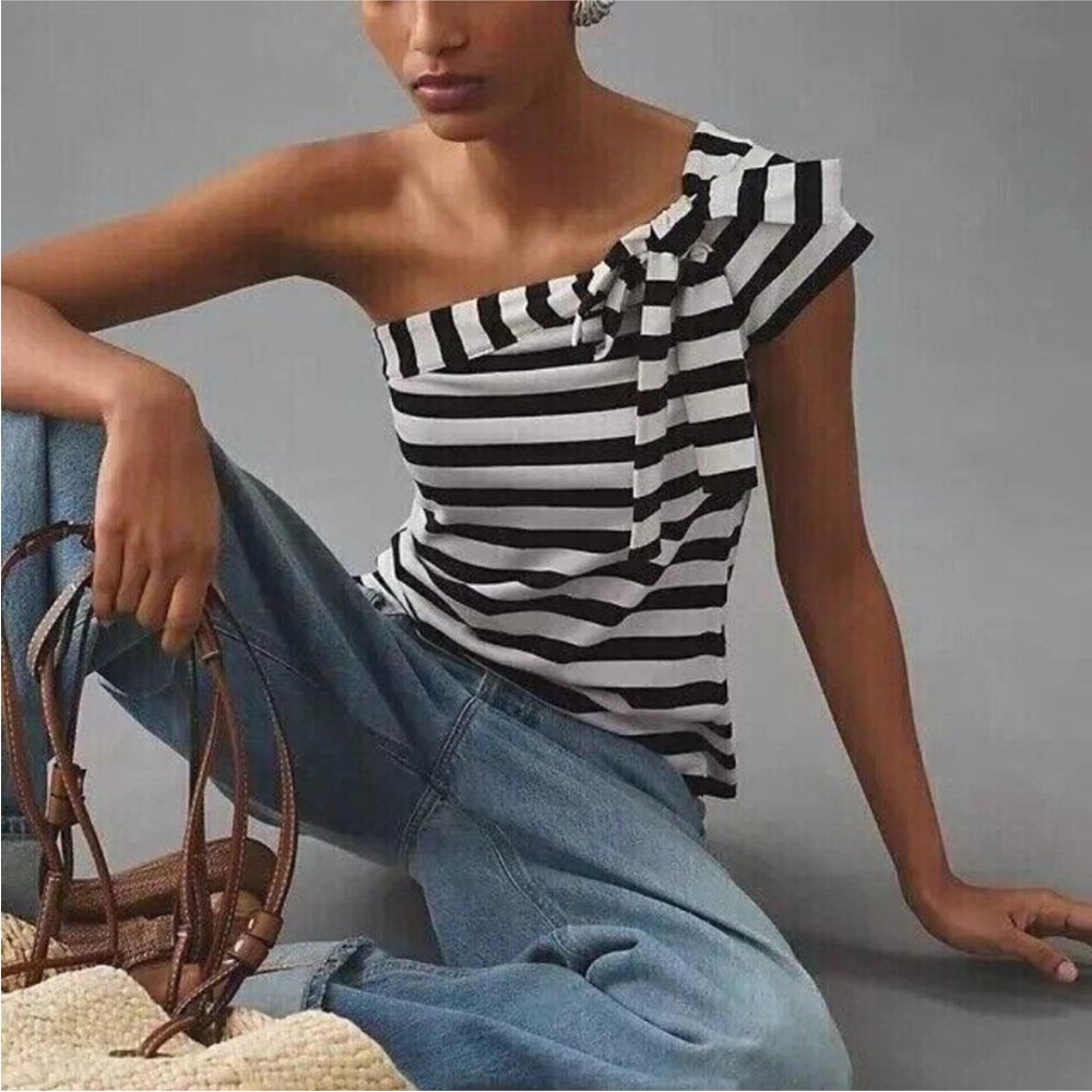 Maeve One-Shoulder Striped Statement Top – Size S